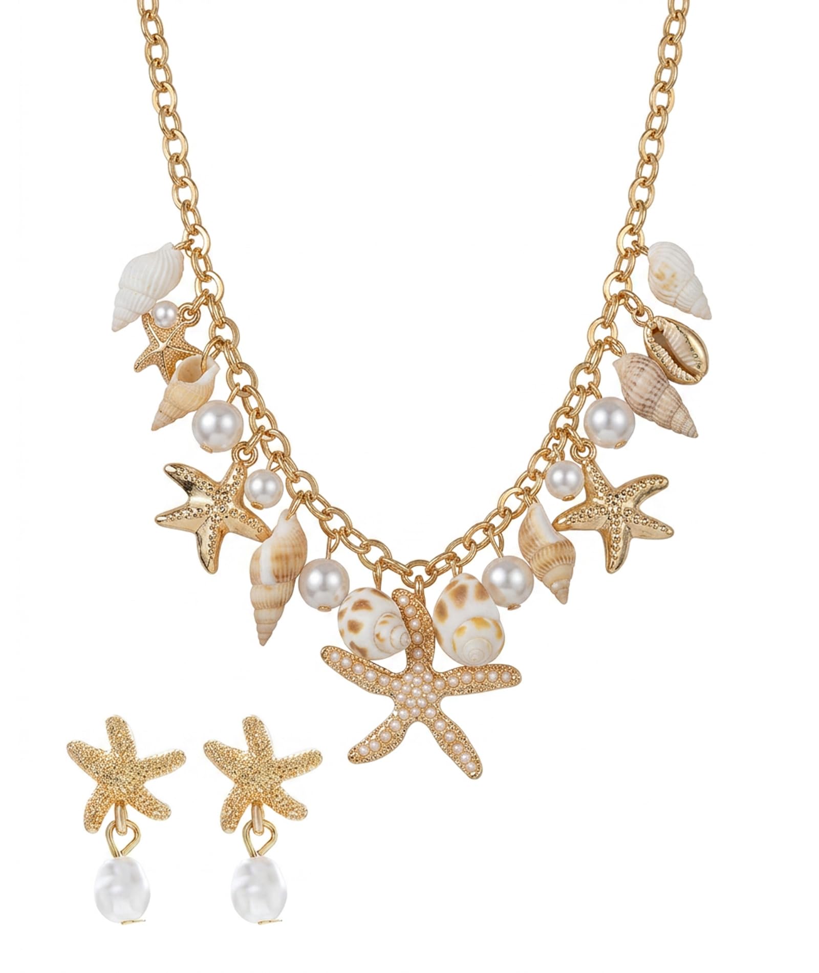 Set Shell Jewellery Set for Women, Beach Boho Hand Accessories with Sea Conch Pearl Pendant and Starfish Earrings, Western Style Jewelry for Haldi Ceremony and Summer Vacation-image-22