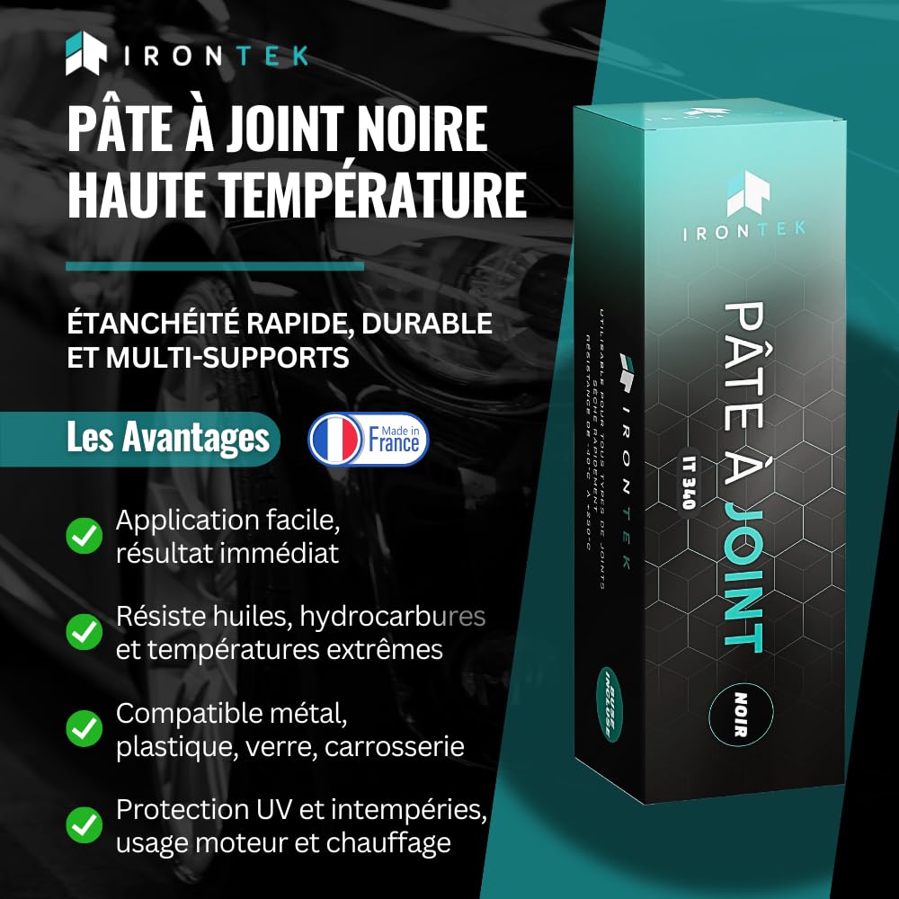 Pâte Joint Carter Moteur 80ml - IRONTEK | IT340 | Silicone Noir -50°C +250°C | Résiste Huiles Hydrocarbures | Pompe Culasse