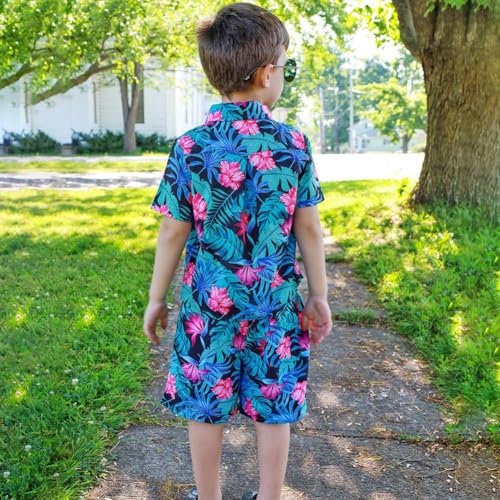 Image of UNICOMIDEA Boys Hawaiian Outfits Tropical Print Button Down Shirt + Swim Trunks 2 Piece Sets for 5-12T Kids