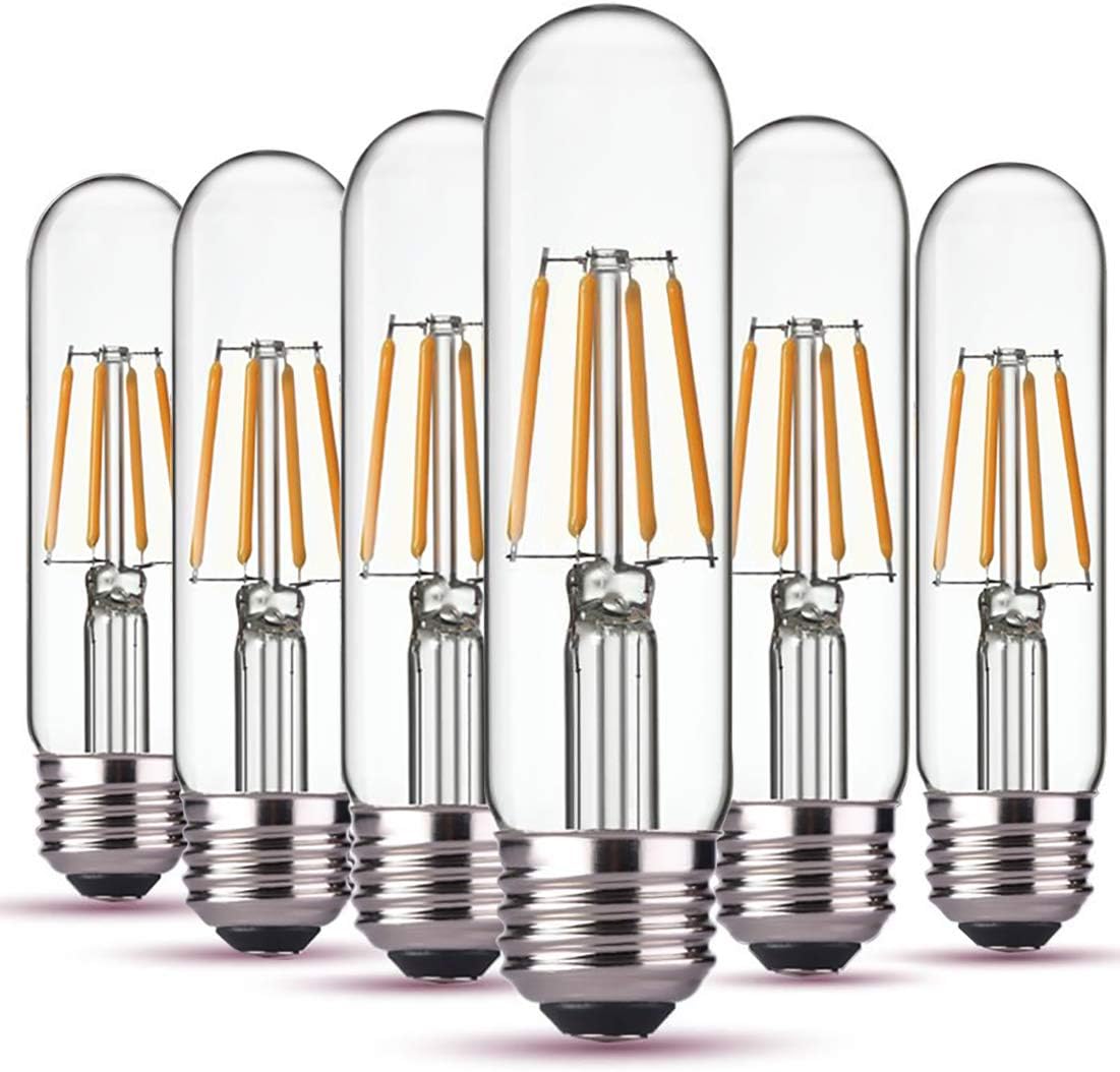 yfxrlight Dimmable T10 LED Bulbs,Tubular Edison Style LED Filament Bulb,4W T10 Vintage Led Light Bulb, E26 Medium Base, 2700K Warm White,400Lm,Clear Glass Cover, 6Pack