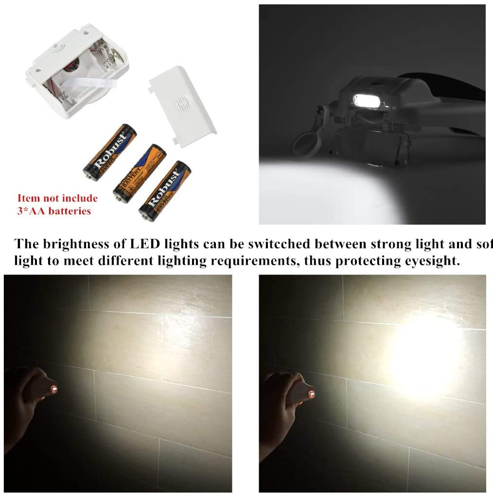 Lupa iluminada con diadema con luz LED, lentes de aumento de montaje en la cabeza, visera, manos libres, lupa para trabajos cercanos, costura, manualidades, lectura, reparación, joyas (1.0X a 14.0X)
