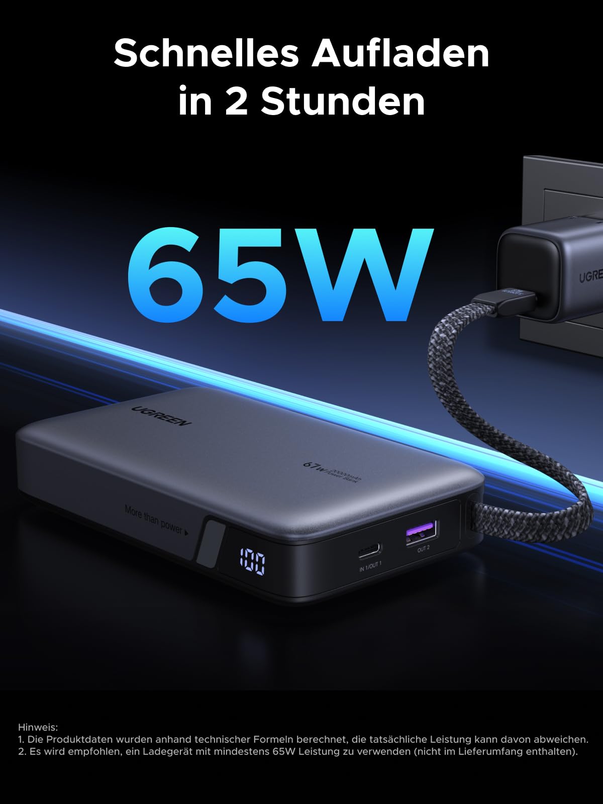 UGREEN Nexode Power Bank 20000mAh 67W mit integriertem USB-C Kabel | HyperCharge für Xiaomi, 65W PD Schnellladung Kompatibel mit Macbook, iPad, iPhone, für Reisen/Büro