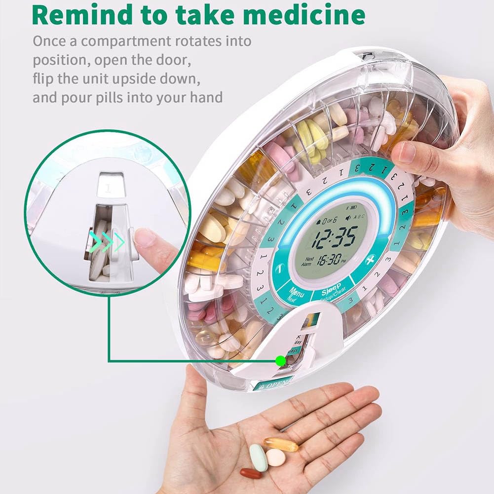 Pastillero Automático para Personas Mayores con Alarma, Pastillero Electrónico con de 28 Días y Recordatorios Sonoros y Luminosos.