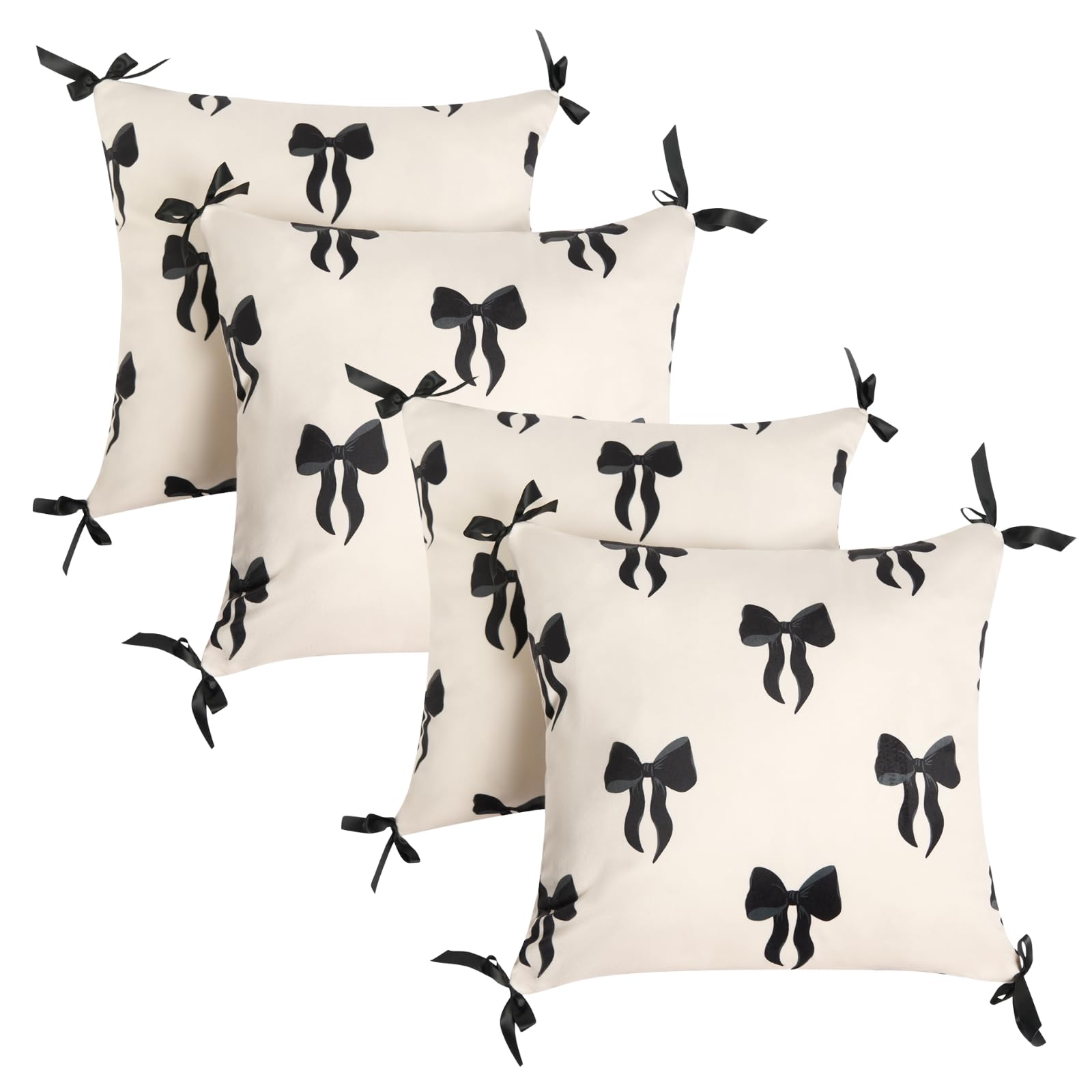 OHS 4 Pack Cushion Covers 45 x 45, Matte Velvet Bow Print Decorative Square Throw Pillow Cover with Invisible Home Decor Cute Bow Cushion Covers for Living Room Bedroom, Monochrome
