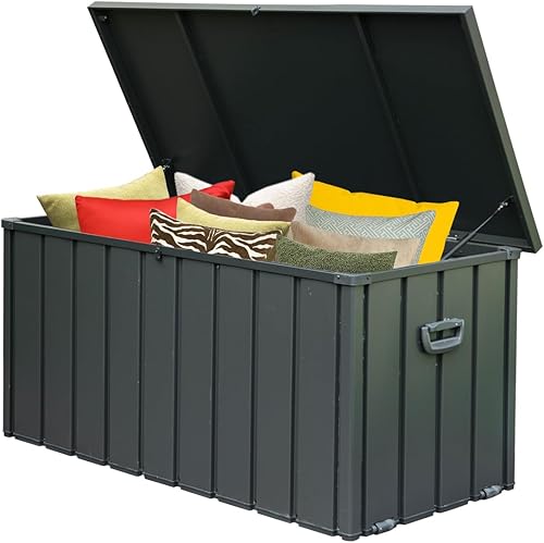 Domi - Caja de cubierta para exteriores de 160 galones, contenedor de almacenamiento de herramientas de acero impermeable con cerradura para cojines