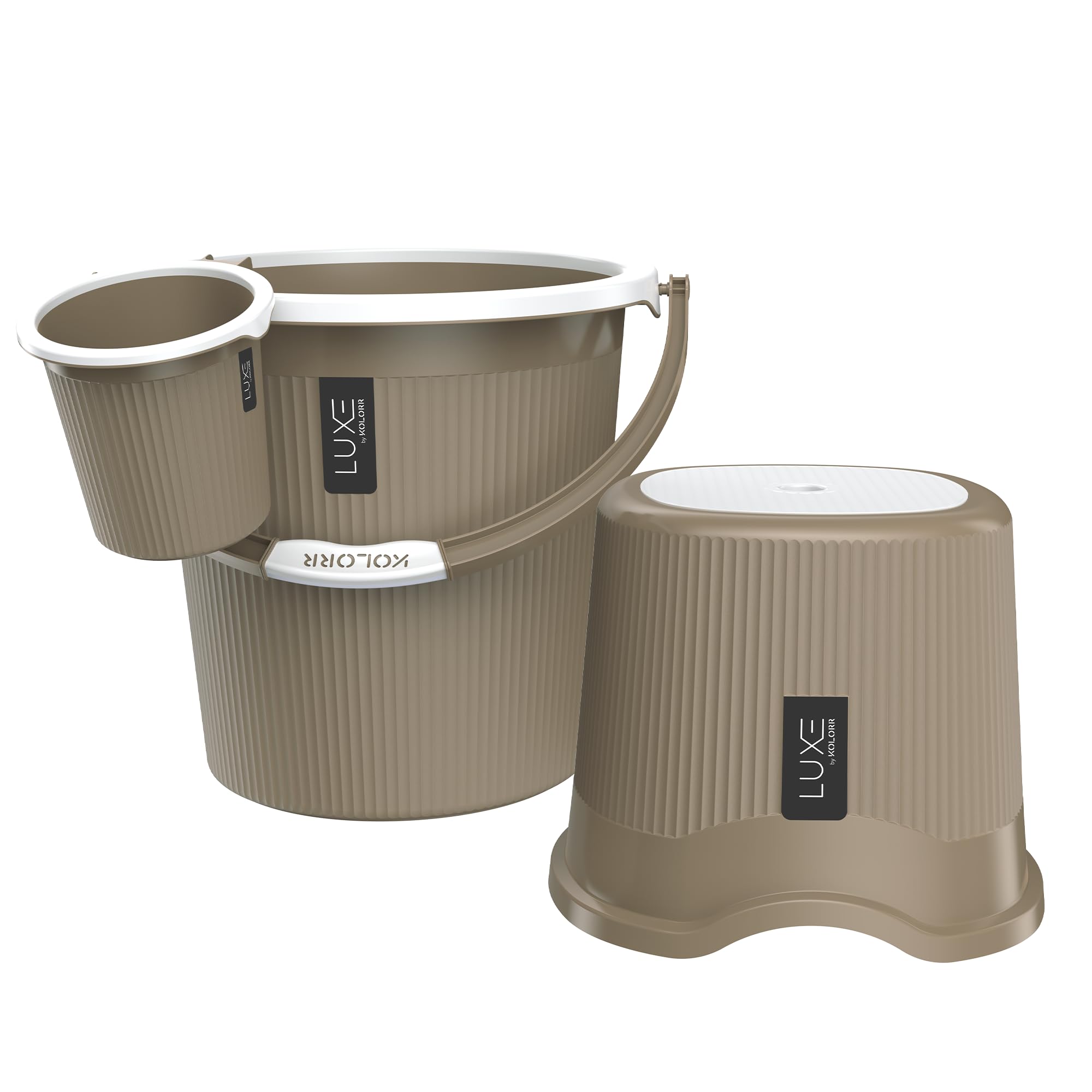 KOLORR Luxe Bathroom Set (Bucket 18L x 1) + (Mug 1.5L x 1) + (Luxe Patla x 1)|Sturdy and Durable |Lightweight| Easy to Clean and Attractive Design|Pack of 3|Ratan LT Brown-image-28