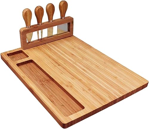 Juego de tablas de queso y cuchillos de bambú, juego de tablas de embutidos grandes y plato de queso