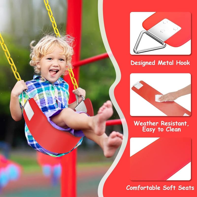 Image of Flexible Swing Seat with Metal Triangle Ring Set for Kids /Adults Outdoor Park Garden Tree Backyard with Plastic Coated Chain (Red, 1.5 Meter)