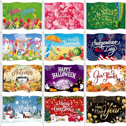SmoothNovelty 12 Pcs Seasonal Garden Flag 3 x 5 ft Yard Flags for Outside Double Sided Holiday Banner with Grommets for Spring Summer 4th of July Outdoor Banner Decorations(Classic)