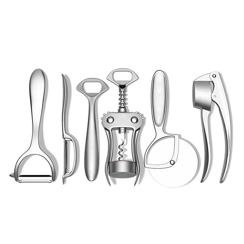 Public Goods Kitchen Tool Set | 6 Piece Kitchen Utensil Set | Includes Y-Peeler, Peeler, Bottle Opener, Wine Opener, Pizza Cutter, and Garlic Press | Plastic-Free, Dishwasher Safe Gadget Essentials