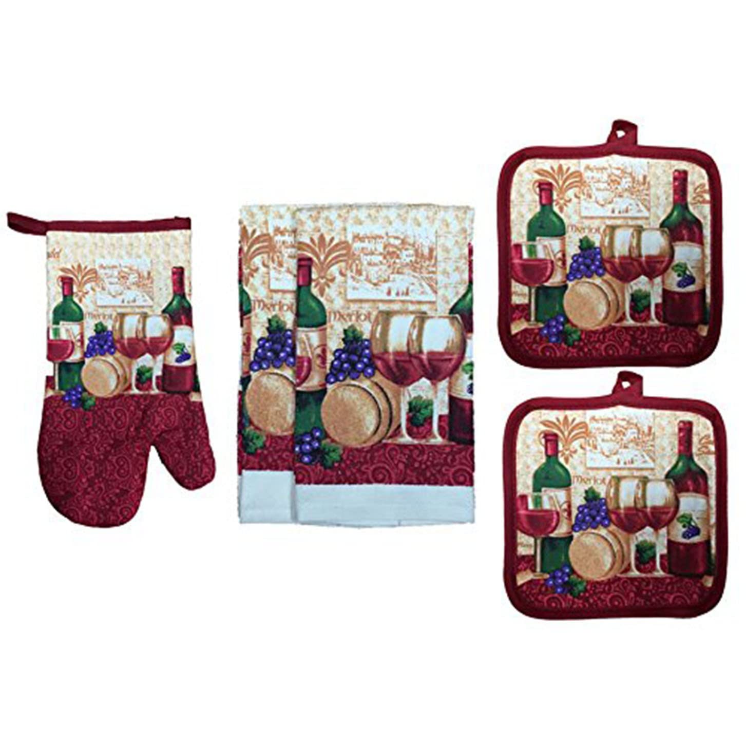 100% Cotton Printed Kitchen Linen Set of 5, 2 Kitchen Towels, 2 Potholder, 1 Oven mitt, Non Slip, Washable, and Heat Resistant. (Wine)