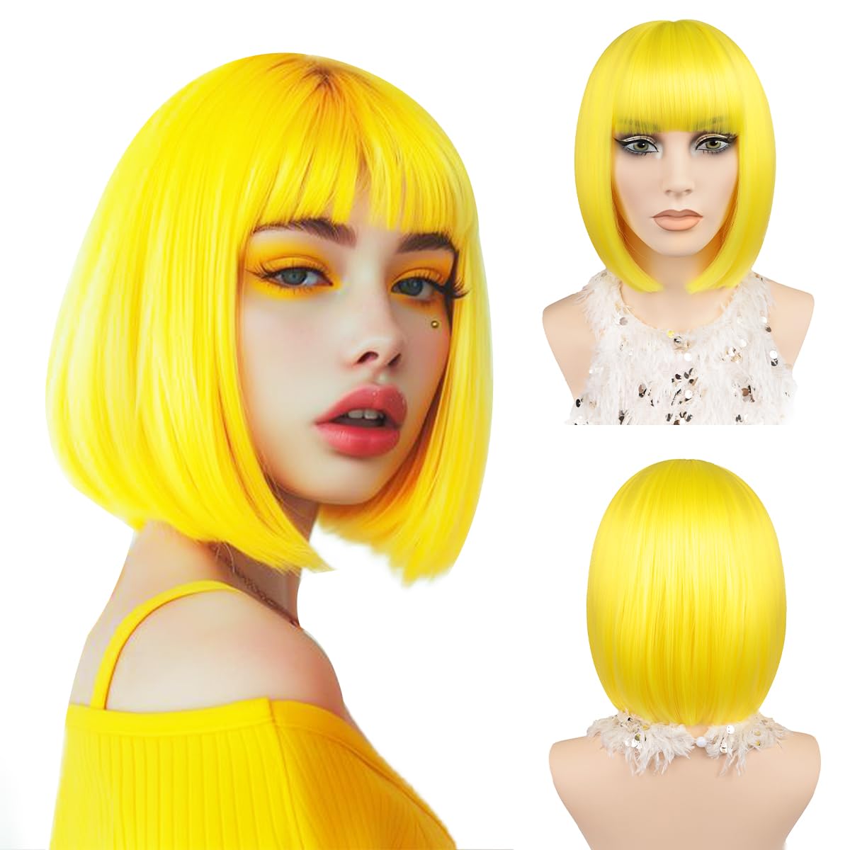 Yellow Bob Wigs for Women 12" Short Bob Wigs with Bangs Synthetic Heat Resistant Fiber Colourful Straight Bob Wig Cosplay Party Christmas Halloween Daily Use (Yellow)