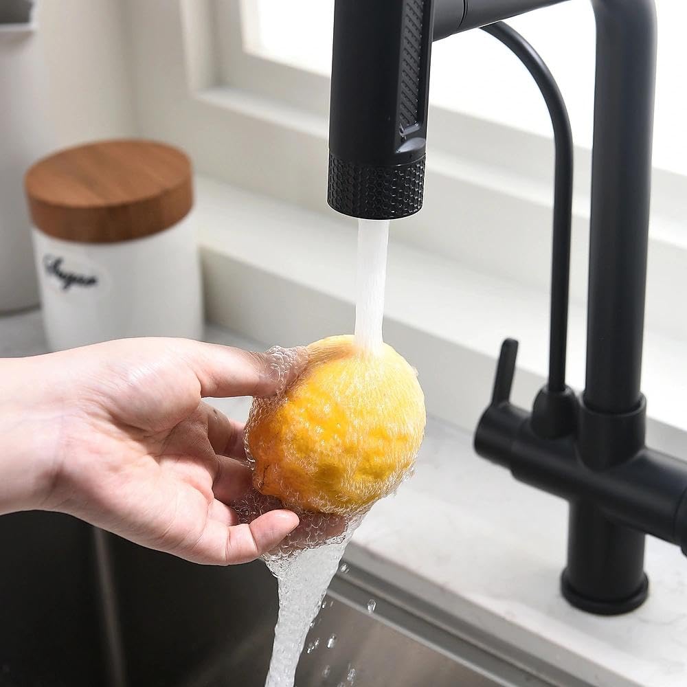 Grifo de 3 vías para purificador negro con ducha extraíble, giratorio 360°, compatible con filtro de cascara/RO, mezclador de fregadero de cocina de doble salida para agua potable y caliente/fría