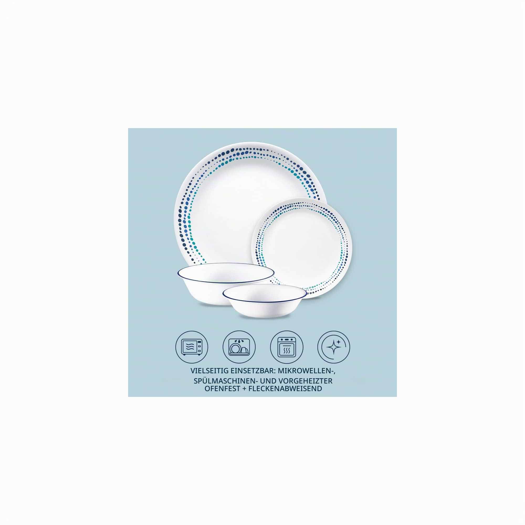 Corelle Ocean Blues 16-teilig, Service für 4, Geschirr-Set, 8 Teller, 8 Schüsseln, splitter- und bruchfest, Speiseteller und Speiseteller, Corelleware Teller, Weiß