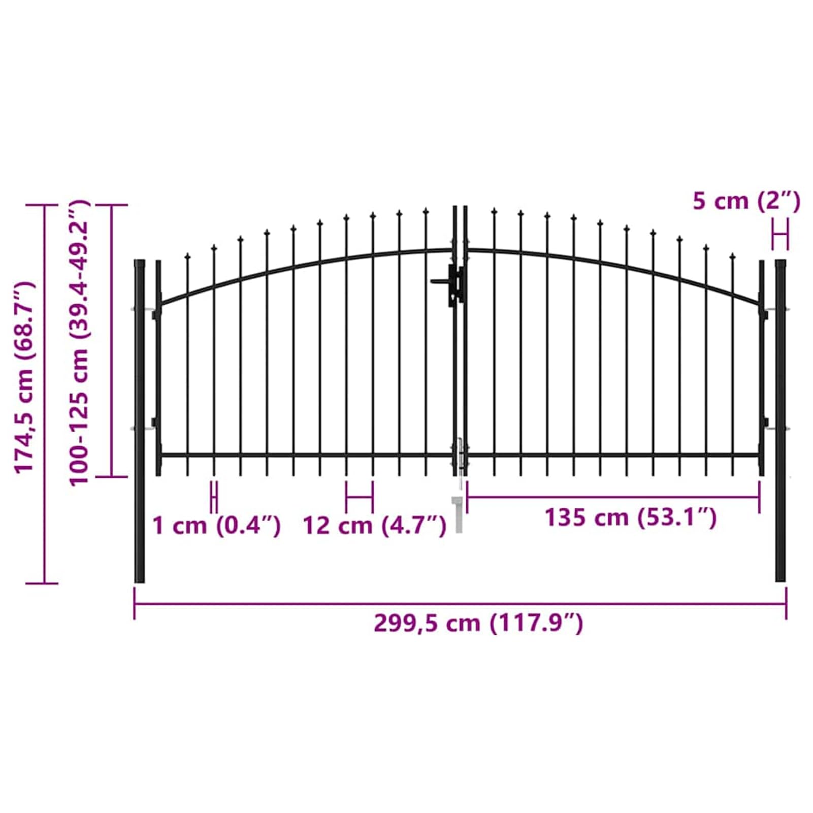 Gecheer Gartentor für Zaun, Doppelflügel mit oberen Spitzen, 299,5 x 174,5 cm, aus pulverbeschichtetem Stahl, für Garten und Terrasse