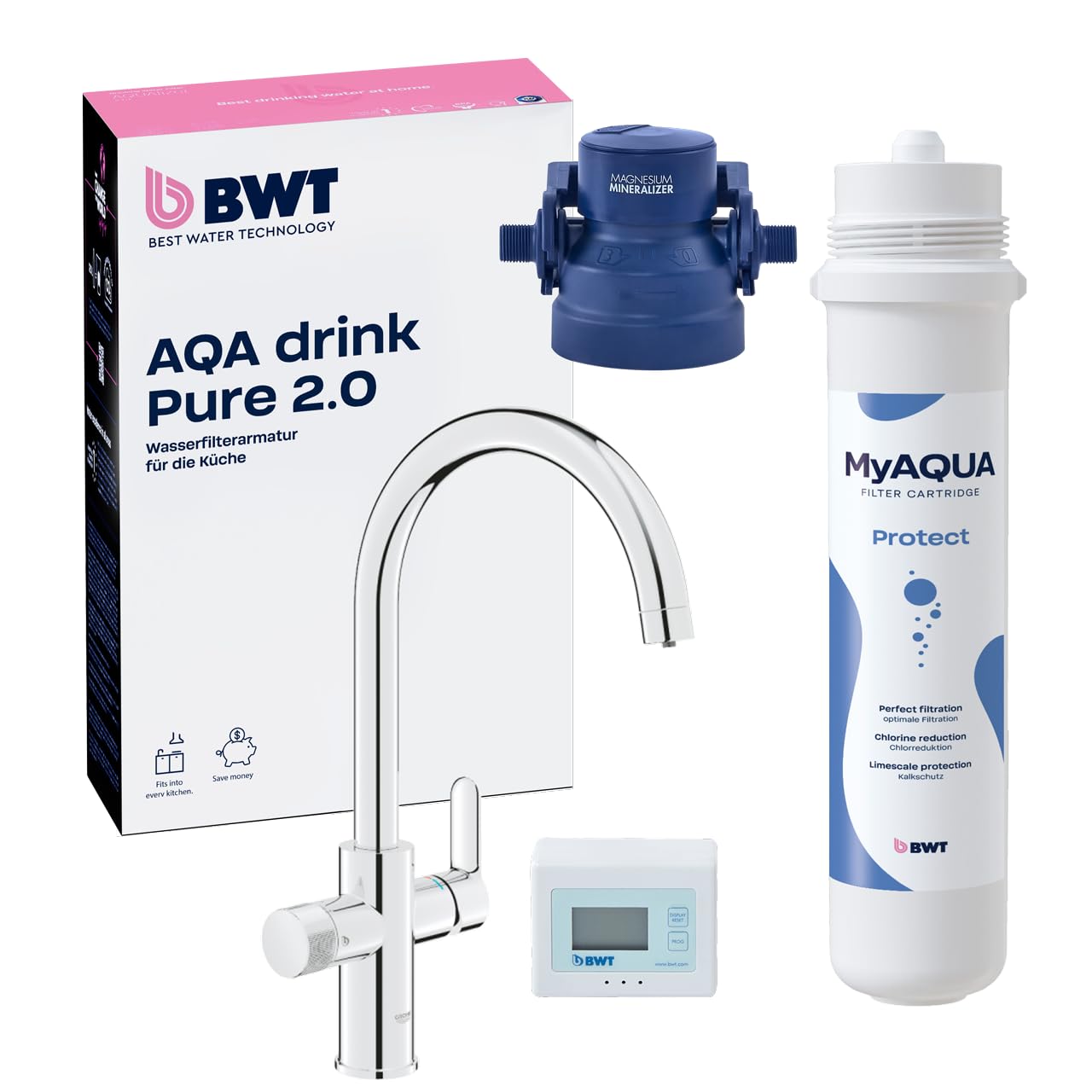 BWT Wasserfilter Wasserhahn AQA drink Pure 2.0 inkl. Filterkartusche "Protect" (Kalkschutz) | filtert Chlor & Kalk | schützt Haushaltsgeräte | Untertisch Trinkwasserfilter System inkl. Armatur