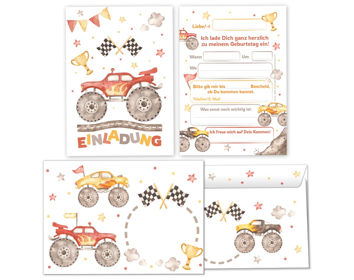 Minkocards 12 Einladungskarten incl. 12 Umschläge zum Kindergeburtstag Jungen Monster-Truck Auto Einladungen zum Geburtstag Kinder Einladungsset