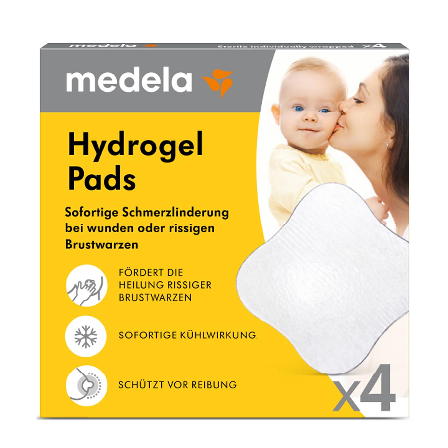 Medela Hydrogel Pads – Linderung und Kühlung für wunde oder rissige Brustwarzen – Steril, einzeln verpackt – 4er Pack