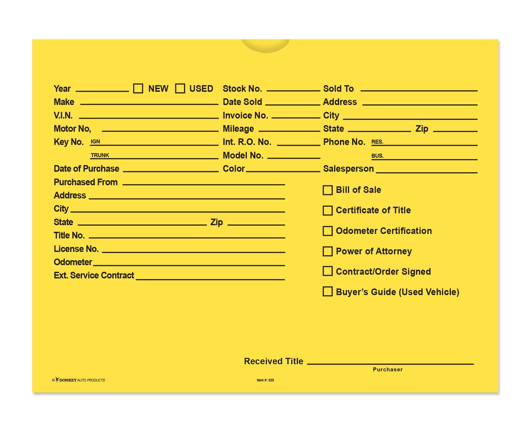 Printed Vehicle Deal Envelopes 9x12 Deal Jackets (100 shrink wrapped) (Yellow)