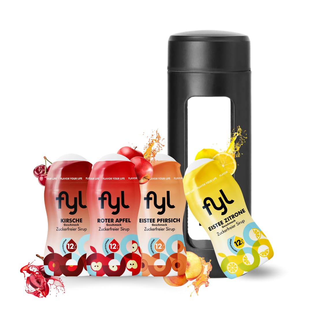 fyl Zuckerfreier Sirup Starterset 4 Geschmacksrichtungen für 48L Zero Getränk + 460ml Trinkflasche - enthält Vitamin-B-Komplex - Perfekter Durstlöscher für zu Hause und Unterwegs