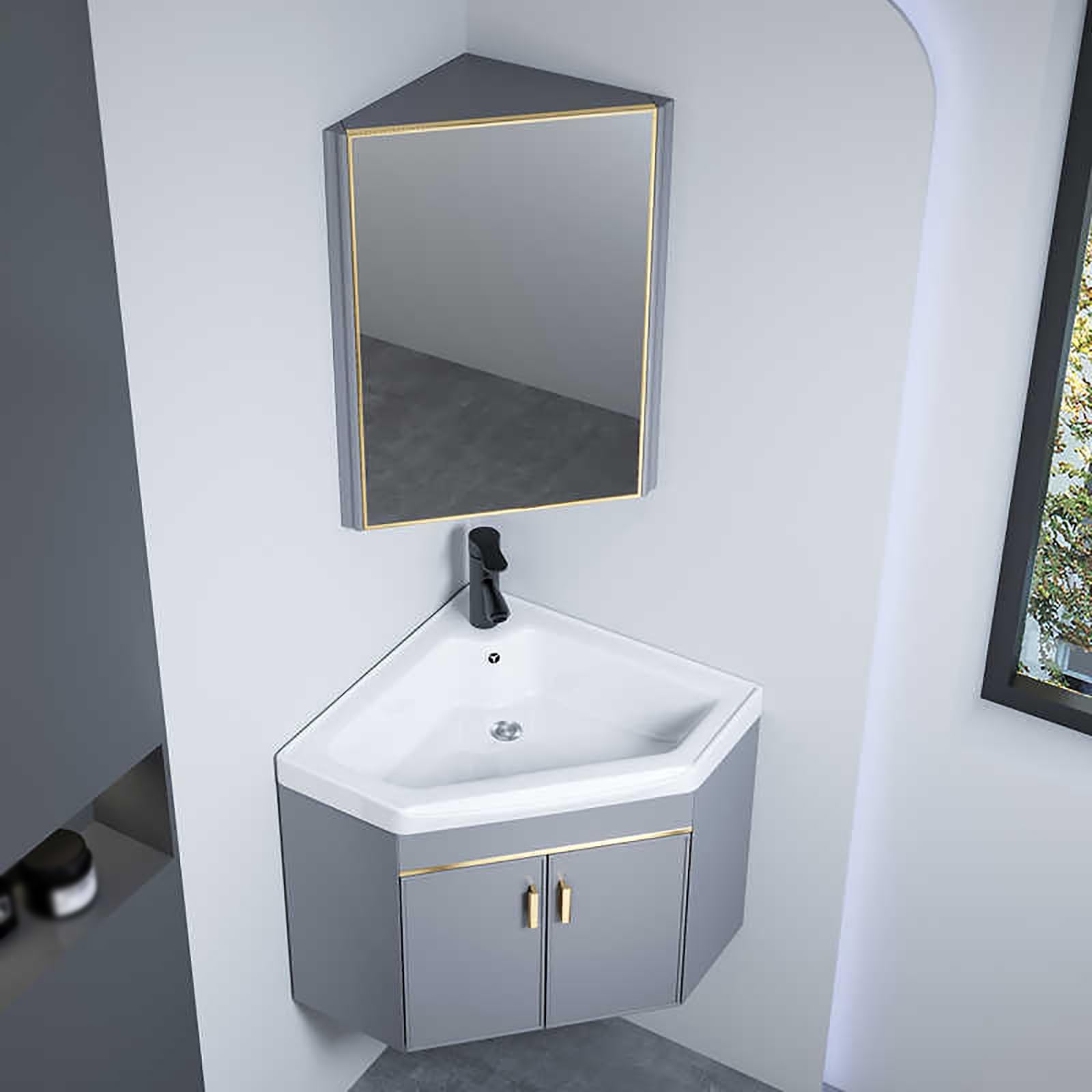 GLJTUO Floating Bathroom Vanity Cabinet with Sink and Mirror Combo Small Corner Design for Wall Mount Faucet Included Space Saving Storage Solution for Tiny Bathrooms,One Color-56cm/22in