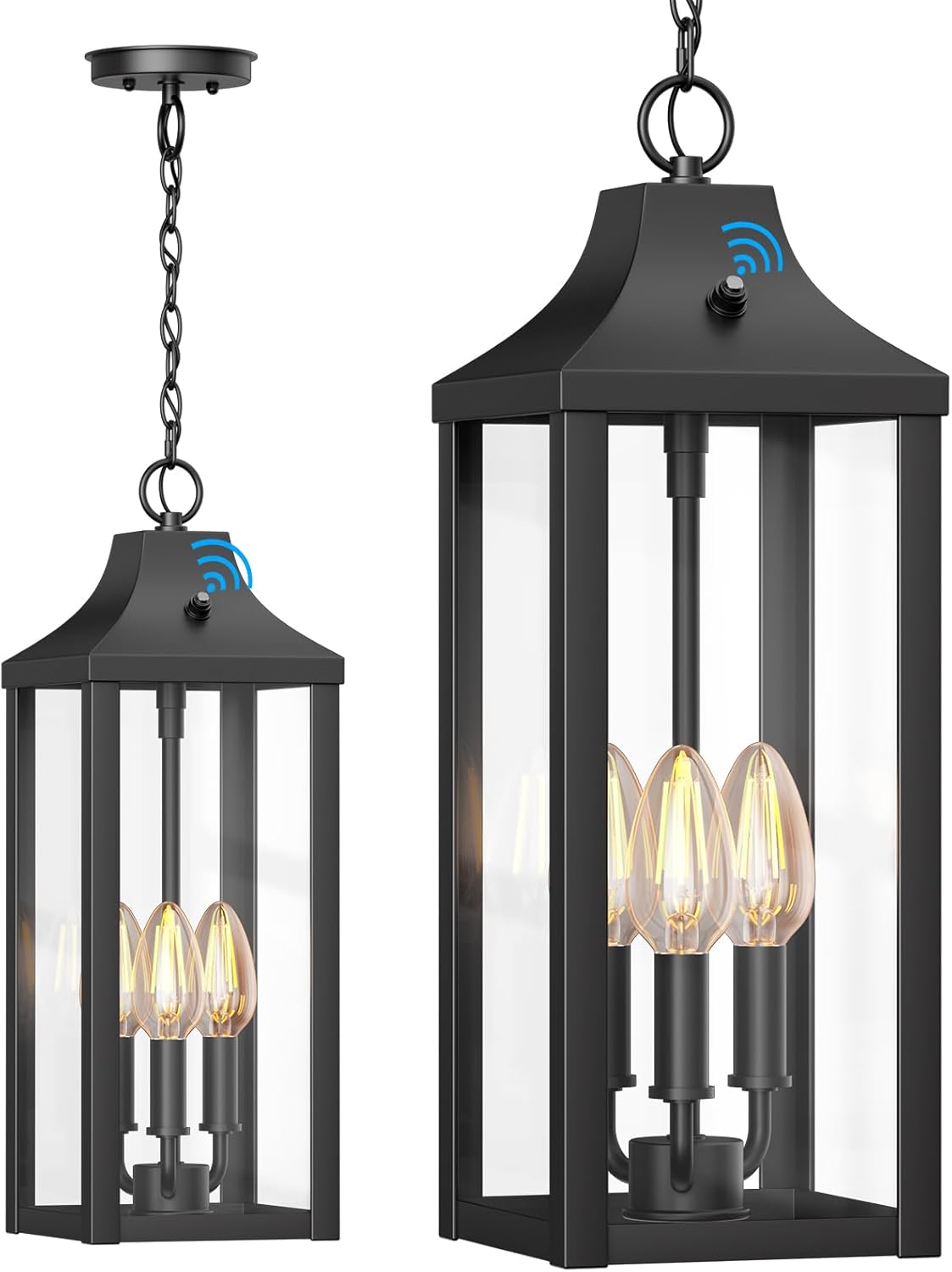 20" Large Outdoor Pendant Light Fixtures 3-Light, Black Dusk to Dawn Exterior Hanging Lantern Adjustable Porch Light Farmhouse Exterior Chandelier Ceiling Mount for Pation, Entryway 1 Pack
