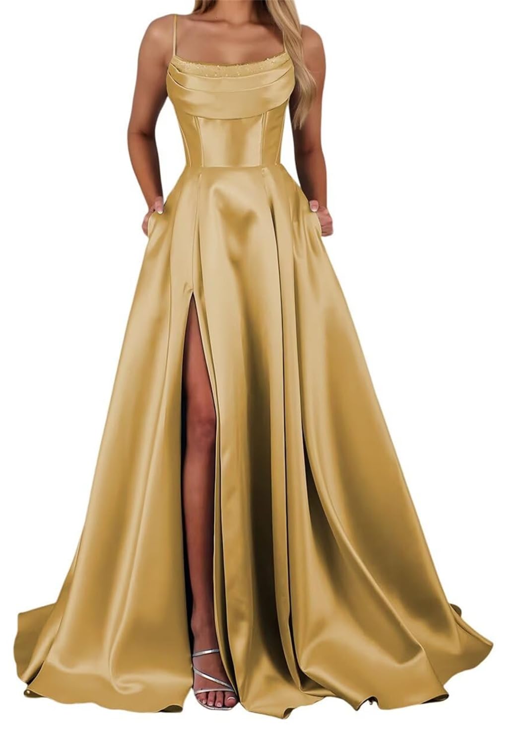Yiann Women's Gold Plus Size Prom Dresses For Teens With Slit Spaghetti Strap Satin Formal Dress Corset Ball Gown Uk24