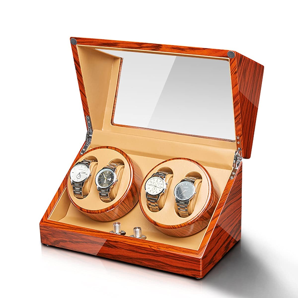 Boîte de présentation automatique pour montre homme et femme avec moteur silencieux et coussin de montre flexible, 4 modes de rotation, coque en bois, finition piano 2+0,4+0