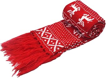 Monique Men Women Christmas Reindeer Snowflake Dotted Knit Scarf with Tassels Winter Warm Long Scarf Wrap Red