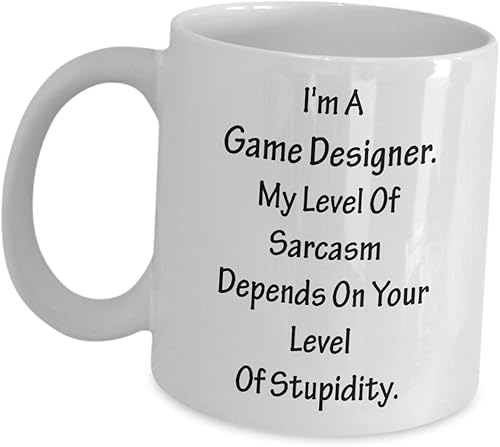 Regalo divertido para diseñador de juegos, mi nivel de Sarcasm Depends Taza de videojuegos, taza de café, taza de té, diseño inspirador, diseño de