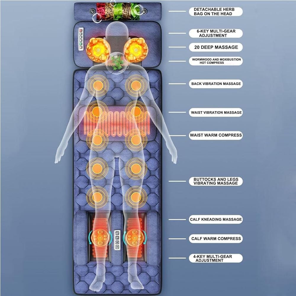 Tappetino da massaggio riscaldato per tutto il corpo con 20 teste di massaggio Shiatsu per il collo, materasso per massaggio rilassante, 9 modalità e 9 forza regolabile per collo e schiena,