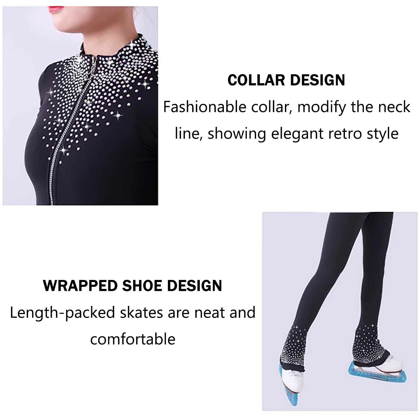 Veste et Pantalon de Patinage Artistique Ensemble pour Filles et Femmes avec Strass Chaud Costumes Patinage Artistique(Size:XS,Color:Noir)
