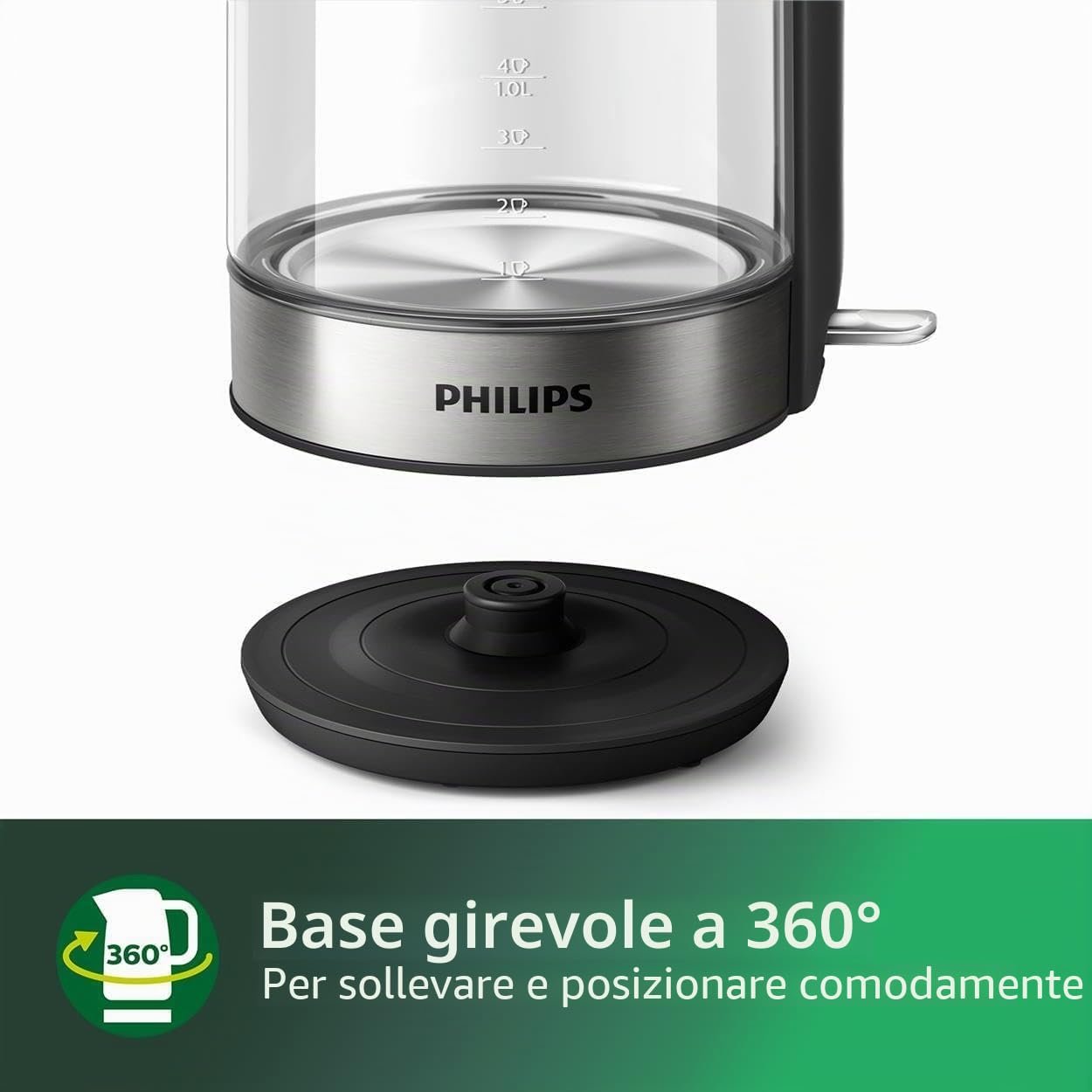 Philips Bollitore Elettrico 5000, 1,7 L, Ebollizione rapida, in Vetro | Bollitore acqua elettrico con base girevole 360°, Protezione anti-secco, filtro micro-trama, acqua sempre pulita (HD9339/80)