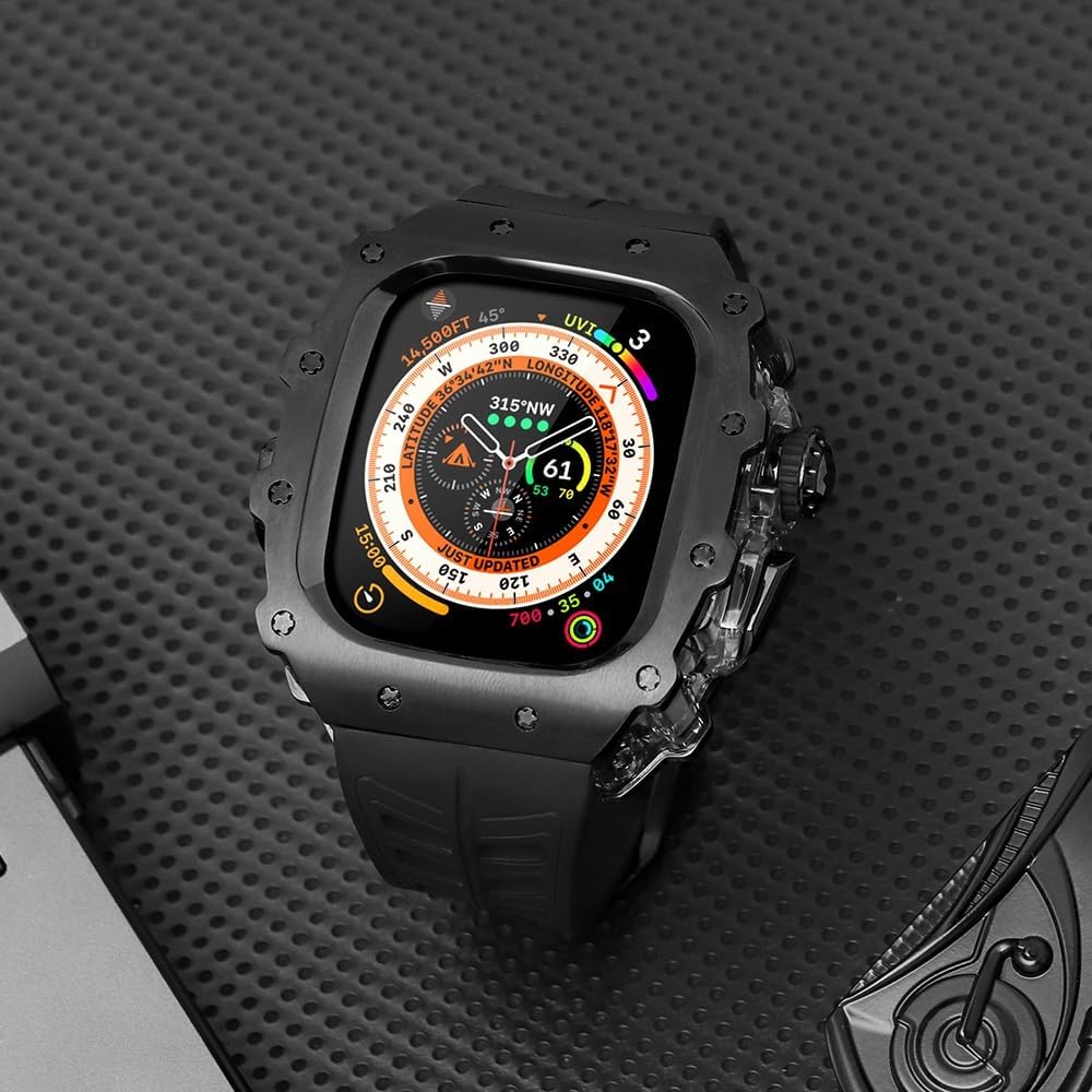 Rugged Stainless Steel Case Mod Kit for Apple Watch Series 10 46mm 9/8/7 45mm Ultra 2 49mm 44mm Metal Cover Rubber Sport Bands Men for Iwatch