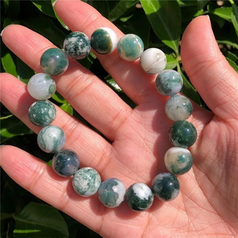 LKBEADS Naturalne naturalne zielone drzewo agate 12 mm rondelle smooth 7 cali półprecyzyjne koraliki bransoletka z koralikami dla mężczyzn i kobiet, uzdrawiająca, kryształowa, rozciągliwa, bransoletka