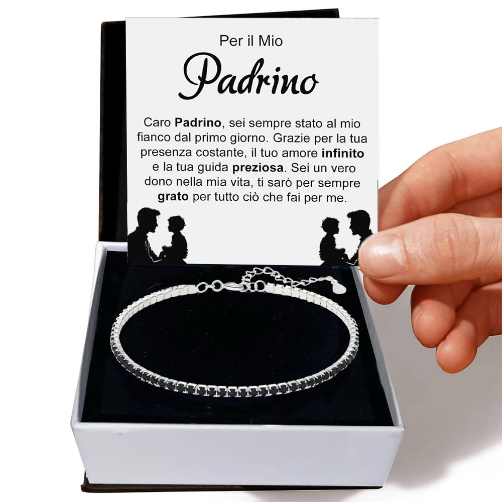 Bracciale Padrino Tennis Uomo con Pietre di Zirconia Cubica Idea regalo Compleanno per lui Finitura in Oro Bianco Argento 925 Comunione Cresima - Cofanetto con DEDICA incluso