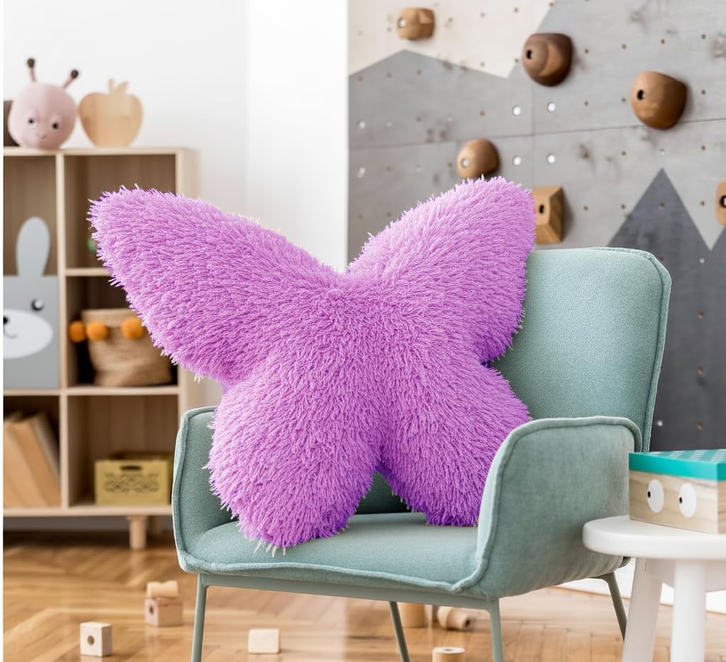 Butterfly Shaped Plush Cushion, Rainbow Pastel Colors, Faux Fur, 42x36 cm, Kids Room Decor (Purple)-image-10