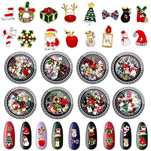 8 Boxes 3D Christmas Nail Sequins Christmas Nail Art Rhinestones Colorful Metal Studs Christmas Santa Reindeer Snowman Nail Supplies 3D Nail Art DIY Craft Decorations for Women Girls