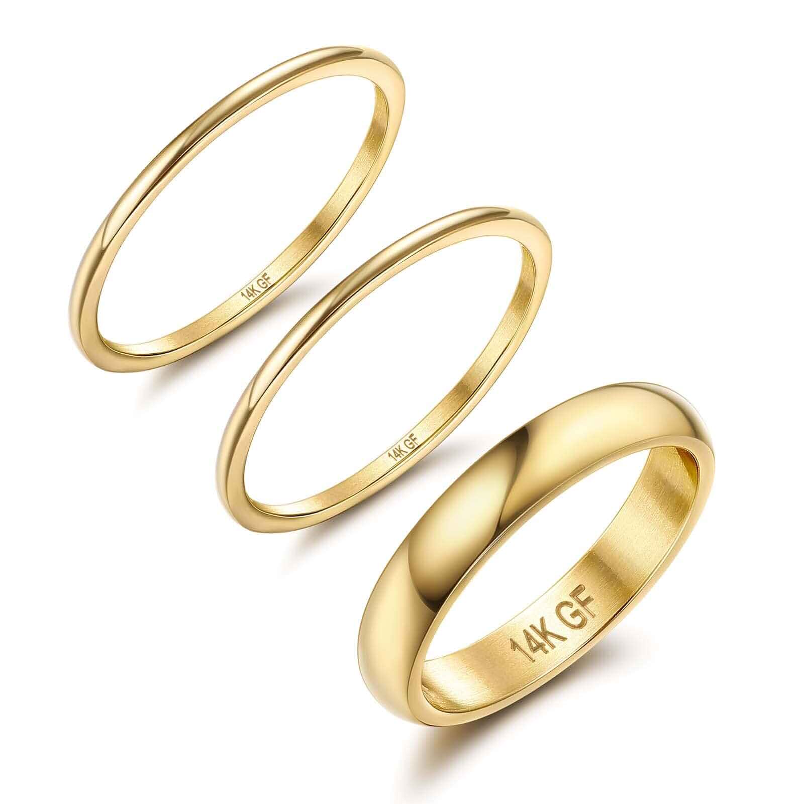 Jstyle 14K Gold Stacking Rings for Women Non Tarnish Wedding Band Ring Set Waterproof Band Ring, 1mm 1mm 3mm Thin Pinky Thumb Ring Set, Statement Stackable Rings for Women, Gold Filled Jwelry