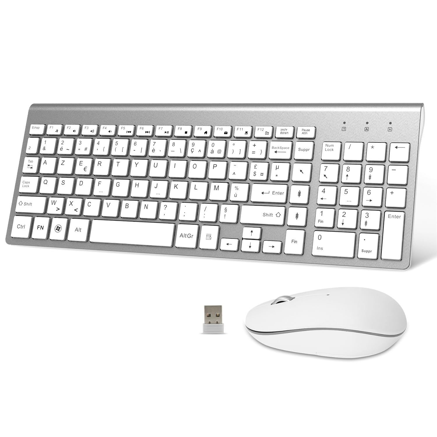 Clavier Souris sans Fil - AZERTY 2.4G Silent Compact Clavier de Souris Pleine Taille Ergonomique pour PC/Ordinateur/Laptop/TV/Windows - Blanc argenté