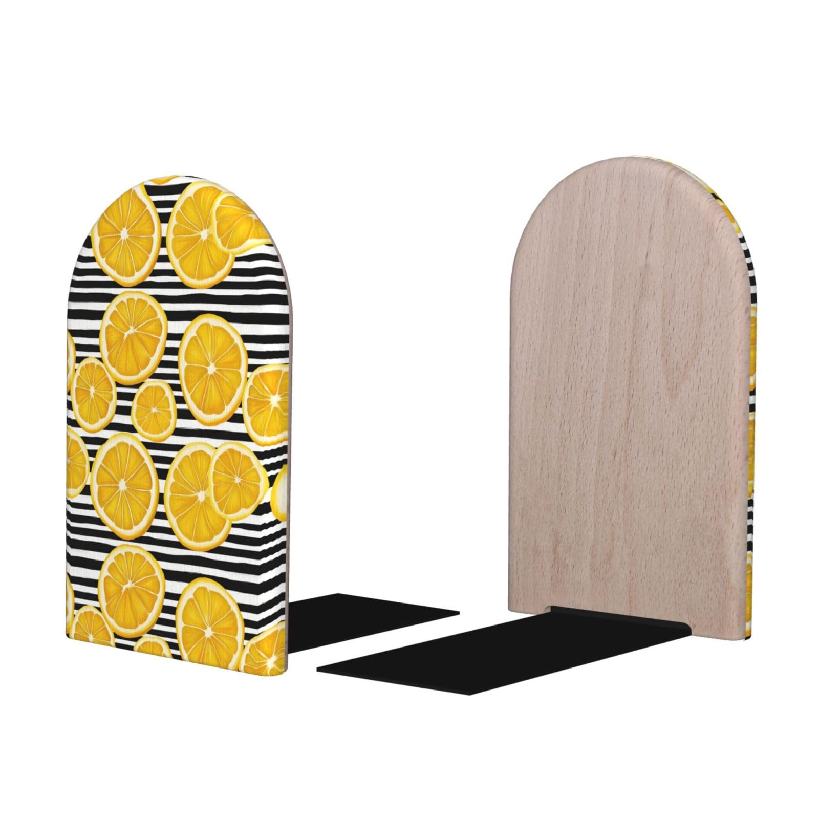 Black White Striped Lemon Print BookEnds 1 Pair, Decorative Bookends for Heavy Books, Wood Book Ends for Shelves, Book Organizer for Home Desk Office Supplies