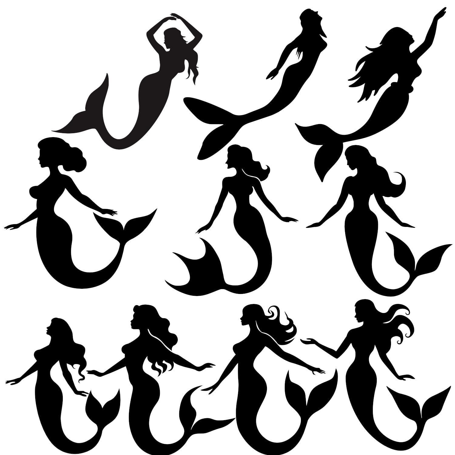 10 Cute Mermaid Silhouette Sticker Pack - Waterproof Vinyl Decals - Car Bumper - Light Switch - Wall Art - Party Bag Fillers- Nursery Decor (Black, 13cm (5.1") Tall)