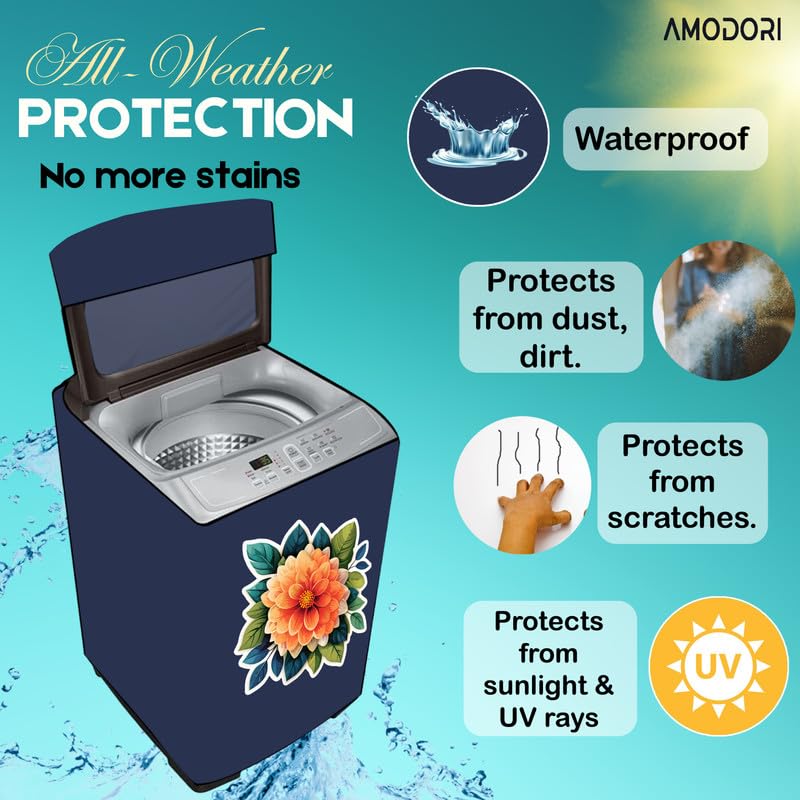 Image of Top-load washing machine cover Compatible for LG & SAMSUNG 8.5 Kg to 10KG Solid Blue Flower Orange beautiful digital illustration print