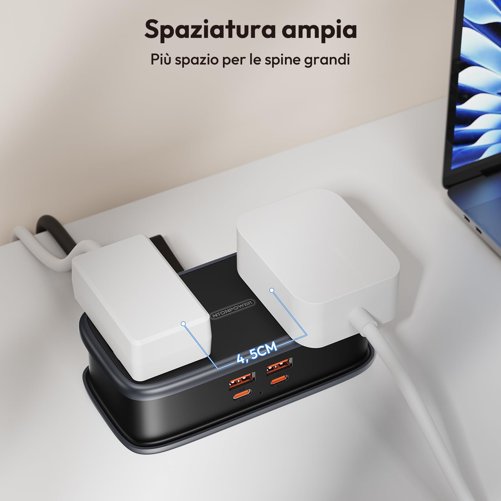 NTONPOWER Ciabatta Elettrica con USB-C 65 W PD, Ciabatta Multipresa con 2 Schuko, Spina Piatta, Presa Multipla USB, Ricarica Rapida, 2500 Watt, 1,5 m, Nero