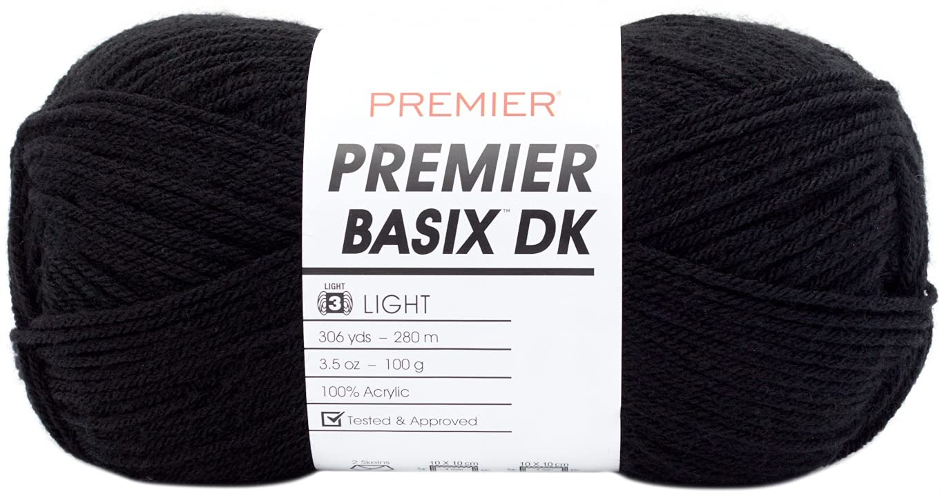 Premier Yarns Basix DK Weight Yarn, Made of Acrylic, Ideal Yarn for Crocheting and Knitting, Machine-Washable, Black, 3.5 oz, 306 Yards