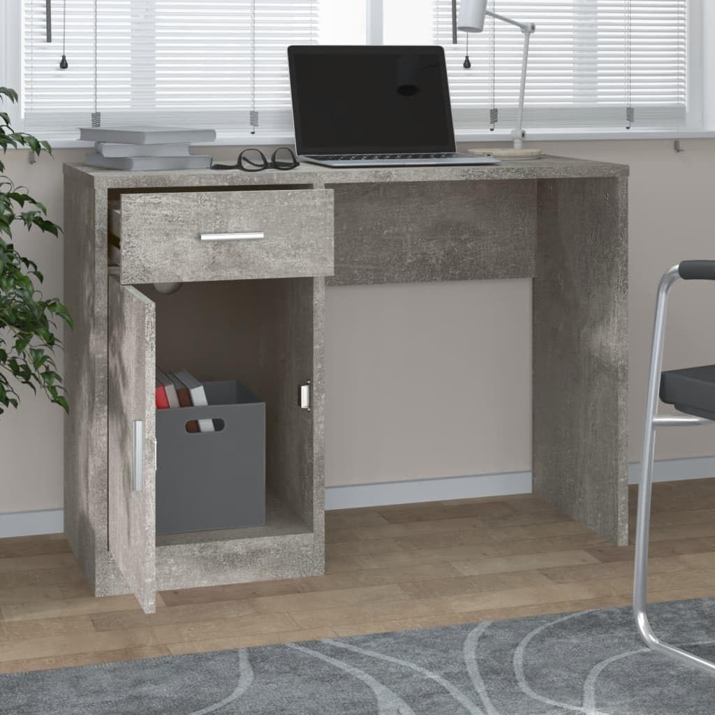 Schreibtisch Betongrau 100x40x73 cm mit Stauraum Holzwerkstoff Büroarbeitsplatz Computertisch mit Schublade und Schrank für Homeoffice und Arbeitszimmer