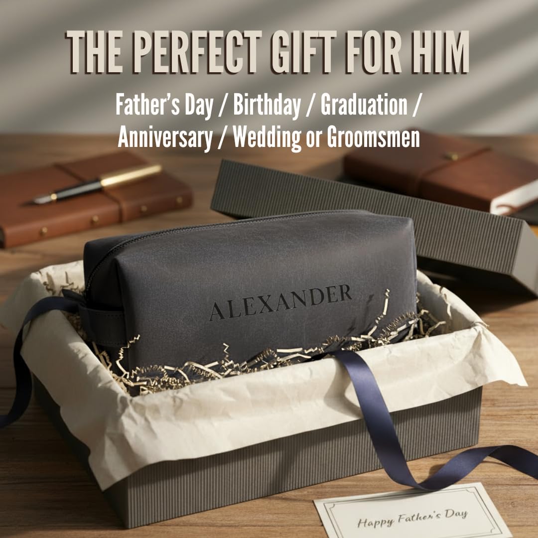 Neceser personalizado hecho a mano de piel auténtica | Kit de afeitado grabado personalizado con nombre, inicial | Bolsa de viaje para hombres, él, marido, papá, novio | Idea de regalo para