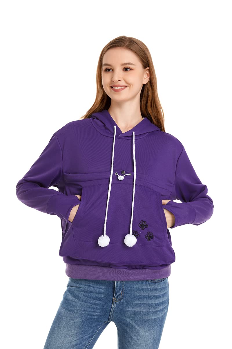 Cat Dog Pouch Hoodie Large Pet Pouch Sweatshirt Puppy Kitten Holder Carrier Pullover Shirt Unisex Hoodies, Purple, Large