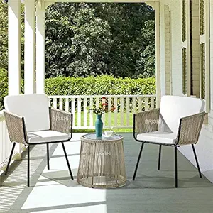 BRISHI Garden Patio Seating Chair and Table Set Outdoor Balcony Garden Coffee Table Set Furniture with 1 Table and 2 Chairs Set Braid & Rope(Beige)'