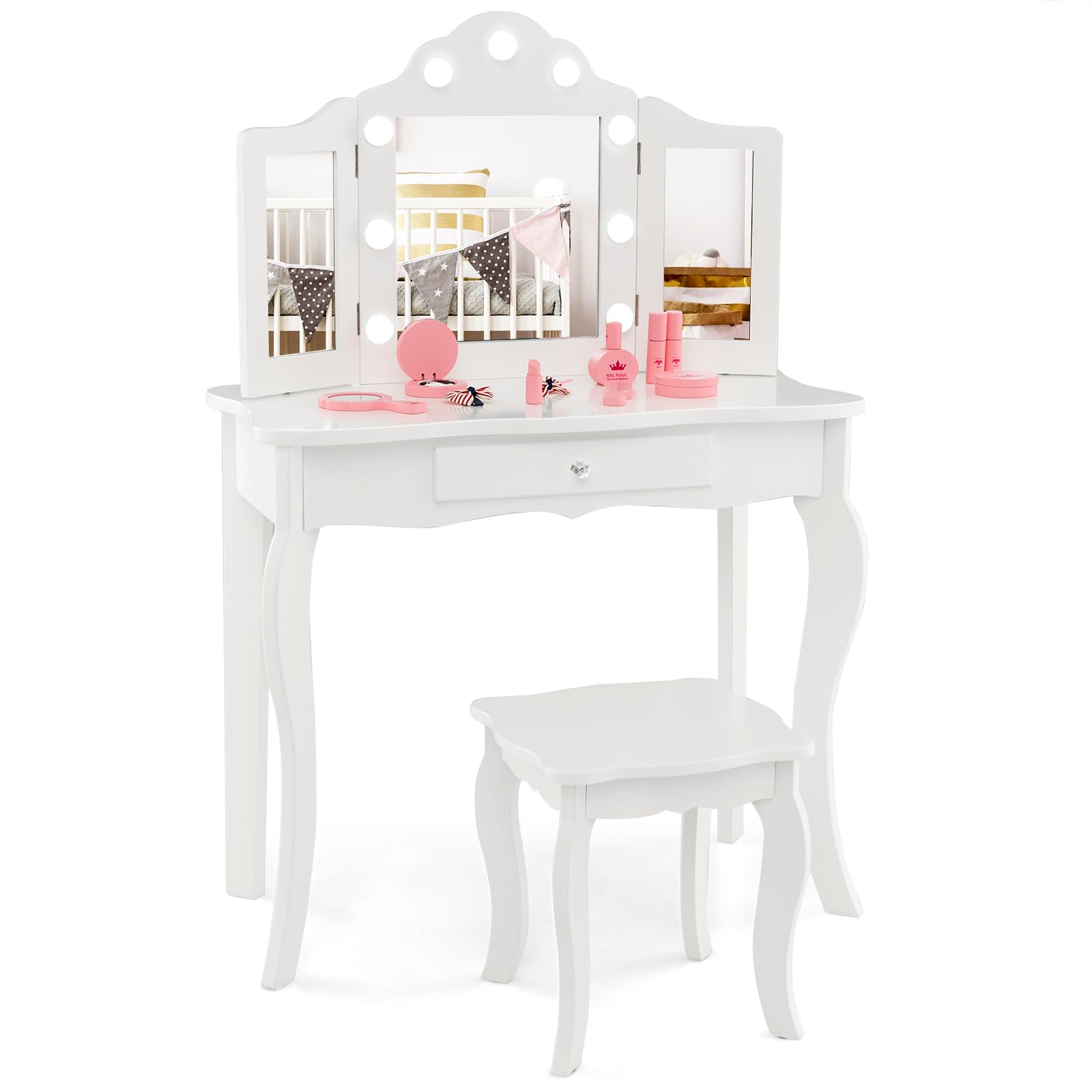 HONEY JOY Kids Vanity Set with Lighted Mirror, 2 in 1 Princess Toddler Dressing Table w/Tri-Fold Mirror & Drawer, Wooden Makeup Table & Chair Set, Pretend Play Vanity Set for Little Girls (White)